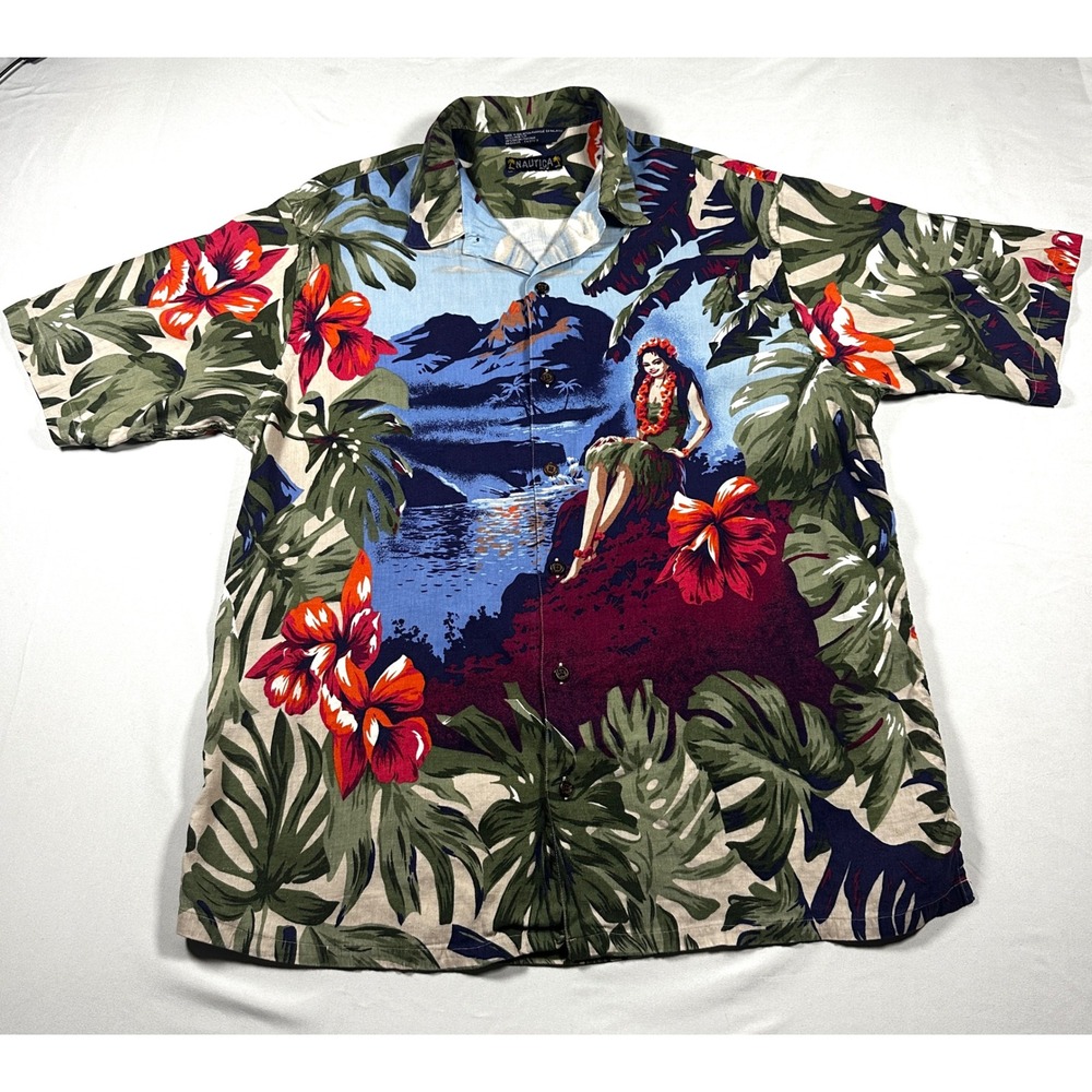 Nautica Mens Hawaiian Hula Girl Linen Rayon Shirt Tropical Floral HibiscusBlue M